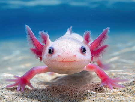 Close-up of an axolotl in an underwater settingの素材