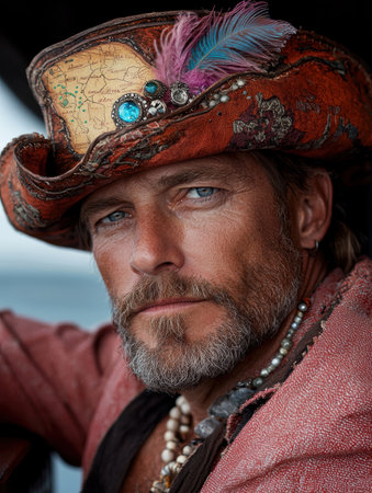 Close-up portrait of a man with a weathered face and intricate hatの素材