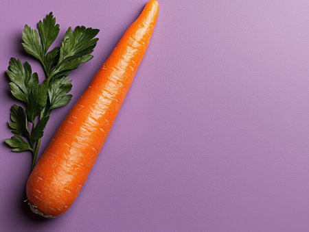 Single orange carrot with parsley on purple backgroundの素材