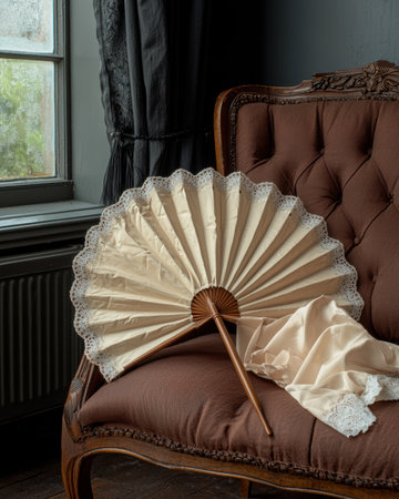 Antique lace fan on a vintage chairの素材