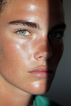 Close-up portrait of a woman's face with freckles and glowing skinの素材