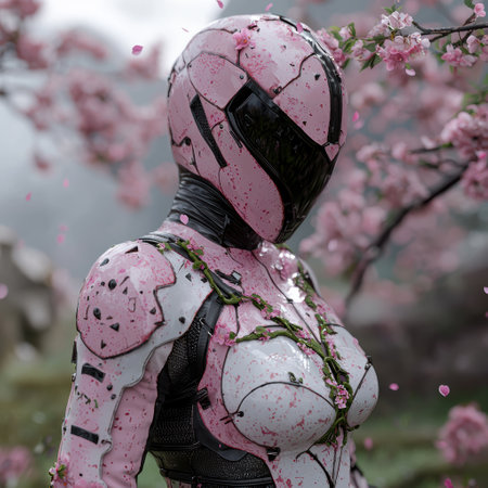Pink futuristic robot in a cherry blossom gardenの素材
