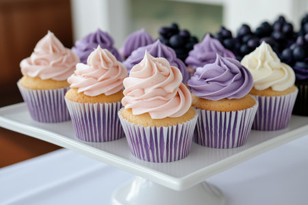 Delicious purple and pink cupcakes on a white cake standの素材