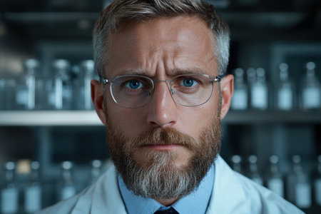 Serious scientist in lab coat looking at the cameraの素材