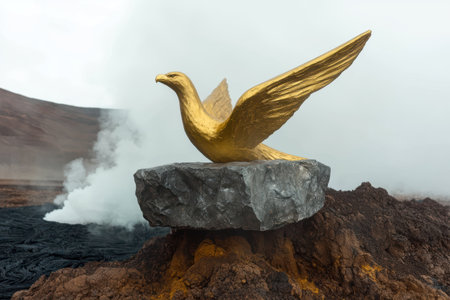 Golden bird statue on volcanic rock, steam rising in backgroundの素材