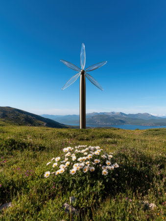 Futuristic wind turbine on a mountaintop with wildflowersの素材