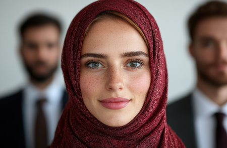 Confident businesswoman in hijab, with colleagues in the backgroundの素材
