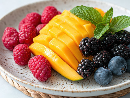 Delicious summer fruit salad with mango, raspberries, blackberries, and blueberriesの素材
