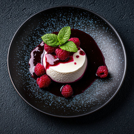 Delicious panna cotta with raspberry coulis and fresh mintの素材