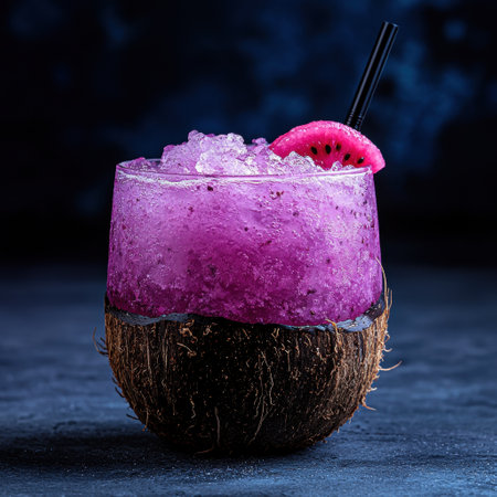 Purple dragon fruit cocktail in coconut shellの素材