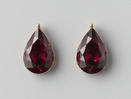 Pair of pear-shaped earrings with deep red gemstonesの素材