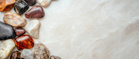 Collection of colorful tumbled stones on a beige marble backgroundの素材