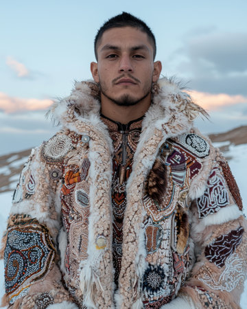 Portrait of a young man in a richly decorated fur coatの素材