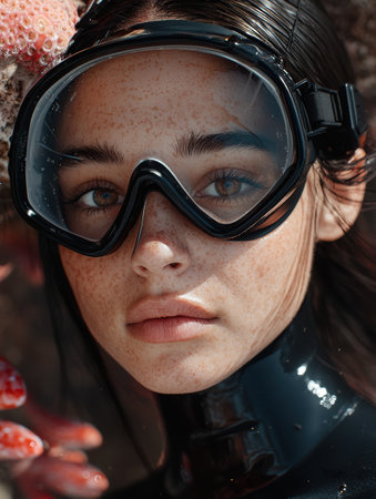 Close-up portrait of a woman with freckles wearing a diving maskの素材