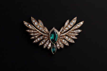 Luxury gold brooch with emerald and diamondsの素材