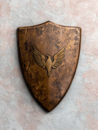 Ornate bronze shield with eagle emblem on textured backgroundの素材