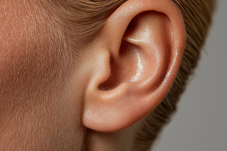 Close-up of a woman's ear, showing skin texture and detailsの素材