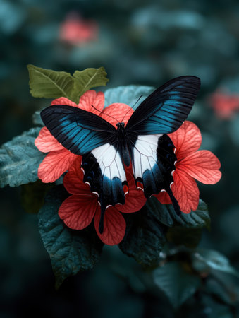 Closeup of a blue and white butterfly on a red flowerの素材