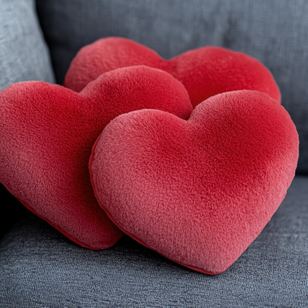 Three plush heart-shaped pillows on a gray couchの素材