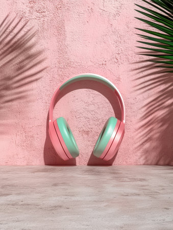 Pink and mint green headphones on pink background with palm leaf shadowの素材