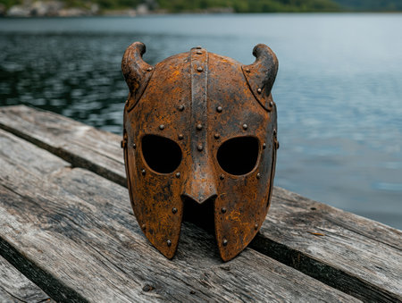 Rusty medieval helmet with horns on wooden surface near waterの素材
