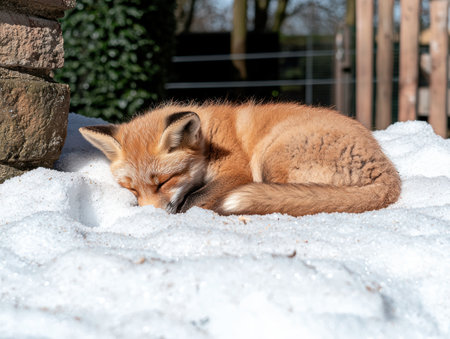 Cute red fox kit sleeping in the snowの素材