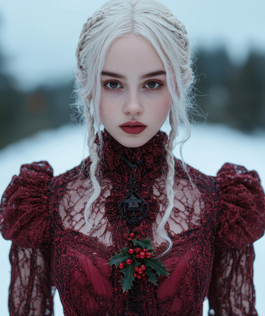 Portrait of a young woman with white hair in a red lace dressの素材