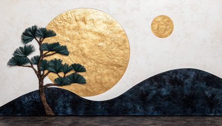 Abstract gold and blue wall art with pine tree and moonの素材