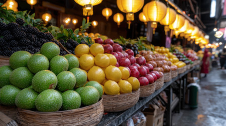 Fresh fruit at a vibrant market stallの素材