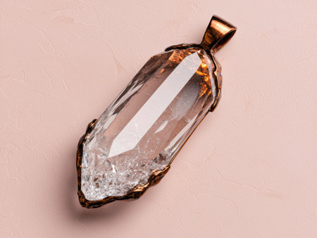 Rose gold quartz crystal pendant necklace on pink backgroundの素材