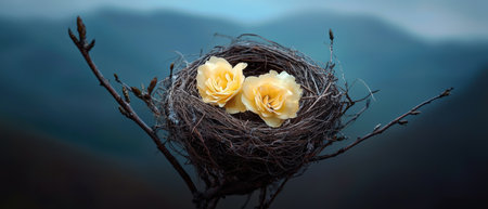 Two delicate yellow roses nestled in a bird's nest on a branchの素材