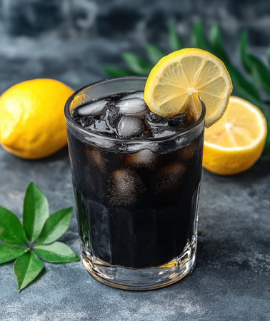 Refreshing black lemonade with ice cubes and lemon slicesの素材