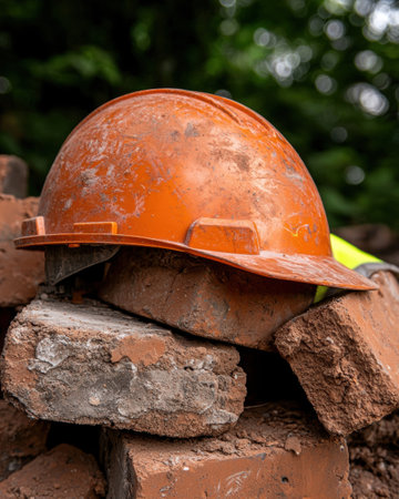 Dirty orange hard hat resting on a pile of bricksの素材
