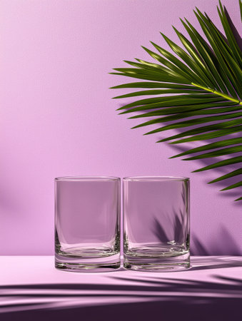Two empty glasses on purple background with palm leaf shadowの素材