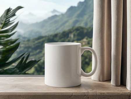 White coffee mug on wooden surface with mountain viewの素材