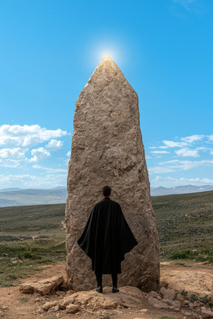 Person in black robe standing before a large stone monument under a bright blue skyの素材