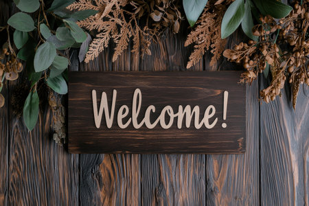 Welcome sign with autumn leaves and greeneryの素材