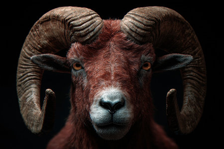 Close-up portrait of a majestic ram with large hornsの素材