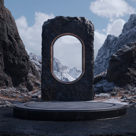 Stone portal in a snowy mountain landscapeの素材