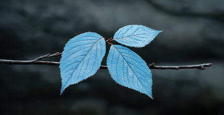 Blue leaves with water droplets on a branchの素材