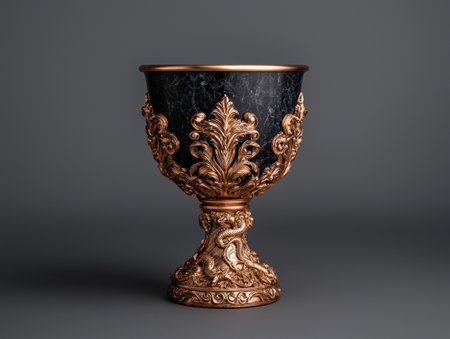 Ornate golden chalice with black marble bowl on gray backgroundの素材