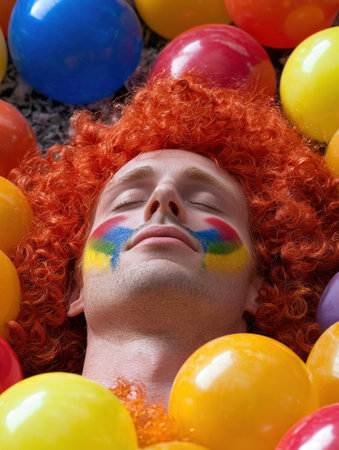 Man with orange wig surrounded by colorful balloonsの素材