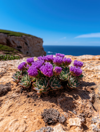Purple succulent flowers blooming on a cliff overlooking the oceanの素材