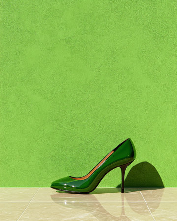 Single green high-heeled shoe against a green wallの素材