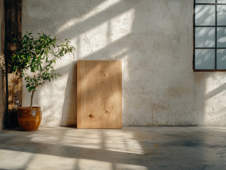 Wooden board mockup against a textured wall with sunlight and plantの素材