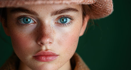 Close-up portrait of a young woman with freckles and blue eyesの素材