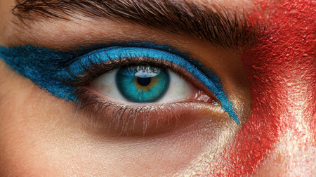 Close-up of a woman's eye with vibrant blue and red makeupの素材