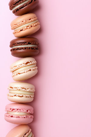 Colorful macarons in a row on pink backgroundの素材