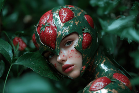 Woman in strawberry helmet in lush green forestの素材