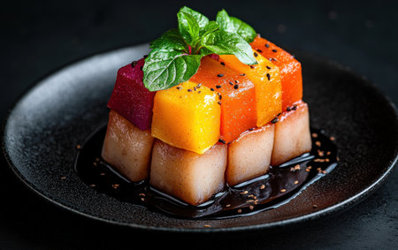 Delicious colorful fruit dessert with mint garnishの素材